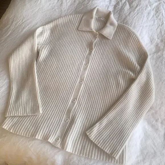 Reformation Fantino Cashmere Polo Collar Knit Button Cardigan Sweater Gossamer - Picture 7 of 11